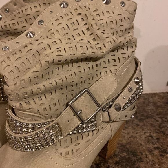 Tan Bling Chunky Heel Slouch Boots sz 10 - Picture 2 of 8